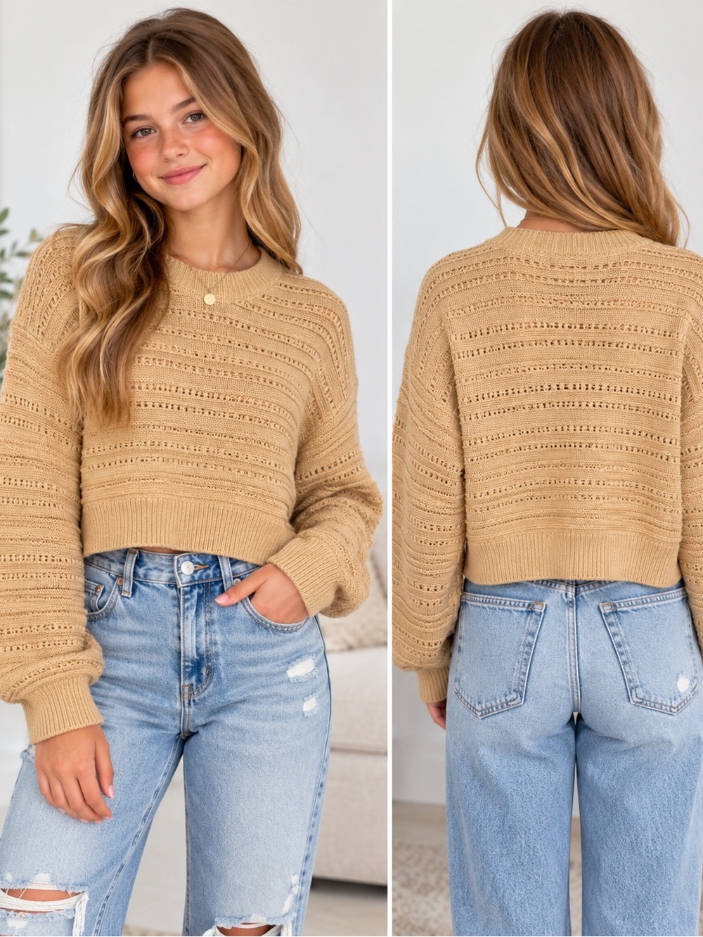 Altar’d State Sweater Womens S Camel Open Knit Cropped Boxy Crewneck